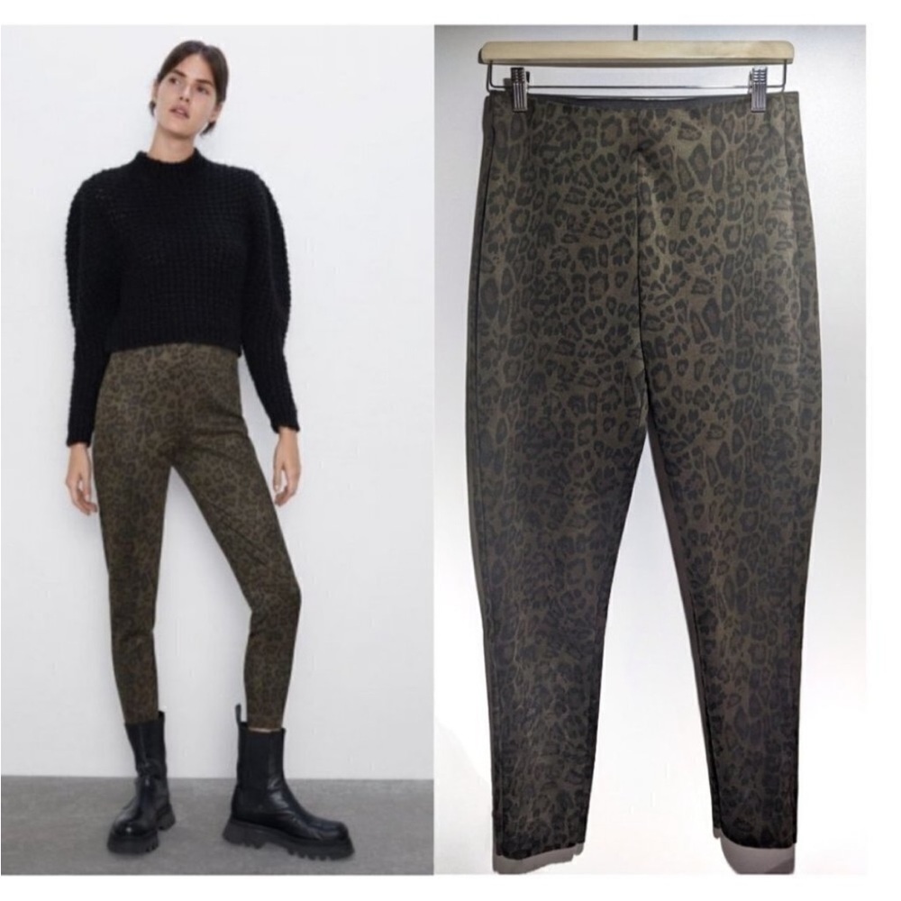 Zara Olive Green Leopard Print Straight Leg Pants EUC